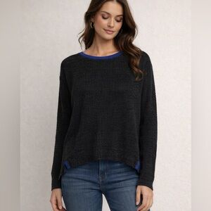 John + Jenn Black Sweater with Blue Accents Size M Black Waffle Knit Long Sleeve